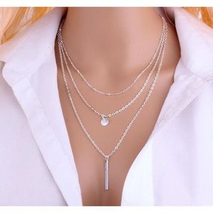 Women Bead Chain Sequins Strip Multi Layer Necklace - Silver