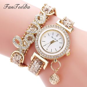 Fanteeda Elegant Fashion Women Leather Rhinestone Wrist Watch-Gold
