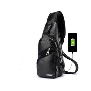 Unisex Waterproof PU Leather Messenger Sling Bag Men Crossbody Chest Bag With USB Charging Port