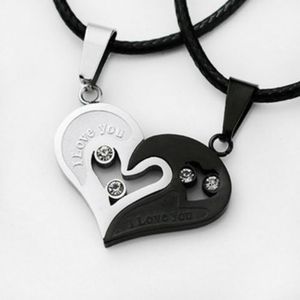 Couple Necklace Heart Studded Pendant - Silver & Black