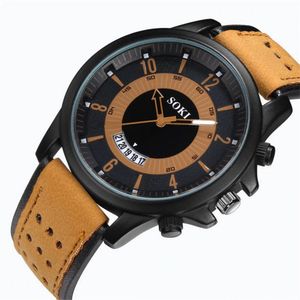 Soki Sports Military Leather Calendar Fashion Men Wrist Watch