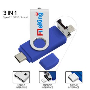 FileKing 32GB 3-in-1 USB OTG Type-C & Micro-USB Flash Drive - Blue
