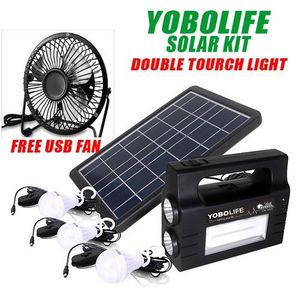 Yobolife Portable Solar Energy Kit With Double Tourch Light Super Bright 3 Bulbs And Free Usb Fan